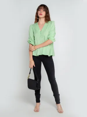 Green Solid Pleated Top