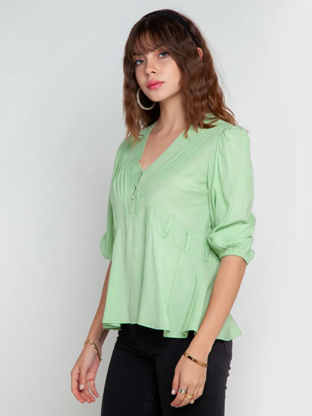 Green Solid Pleated Top