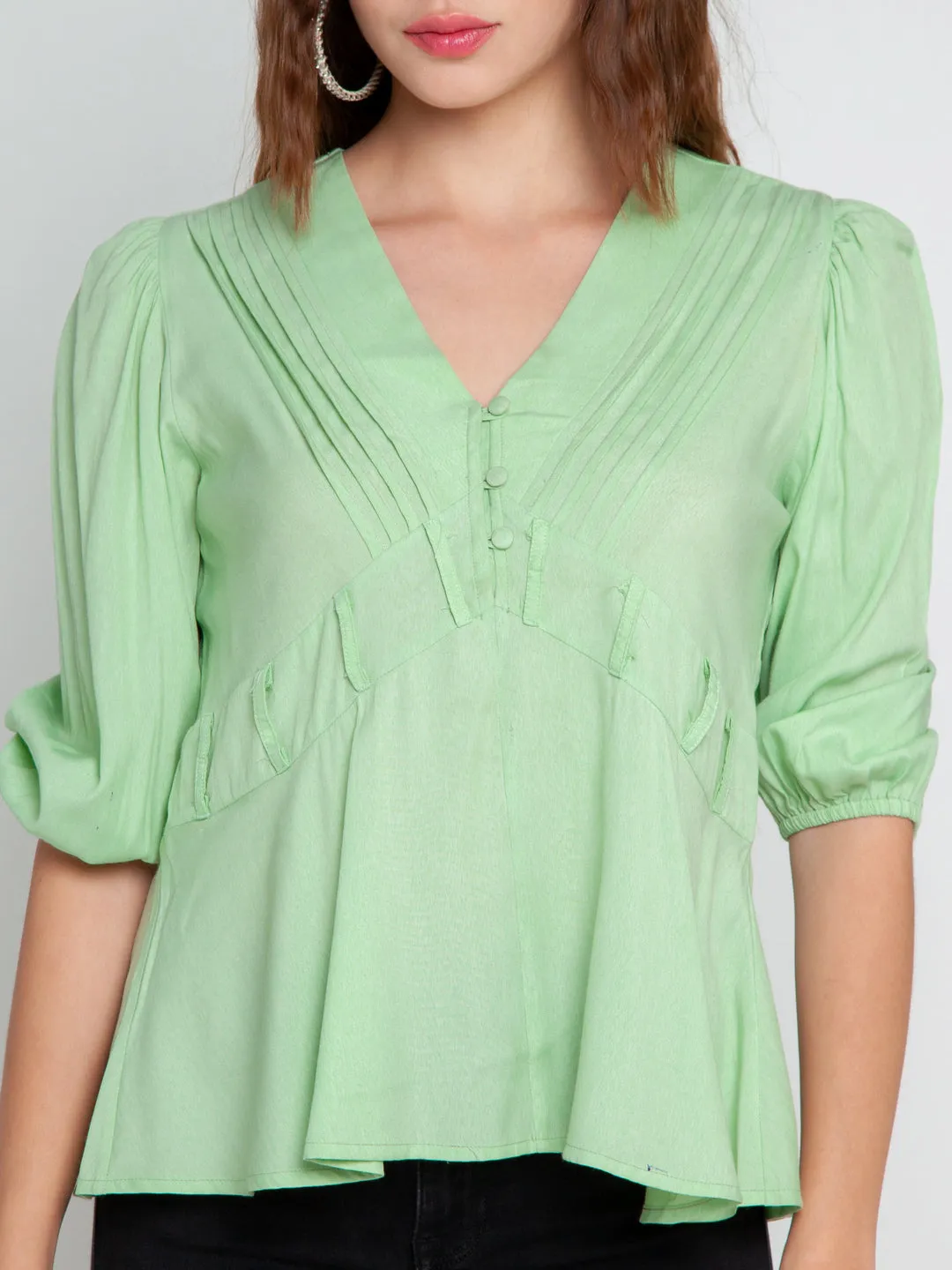 Green Solid Pleated Top