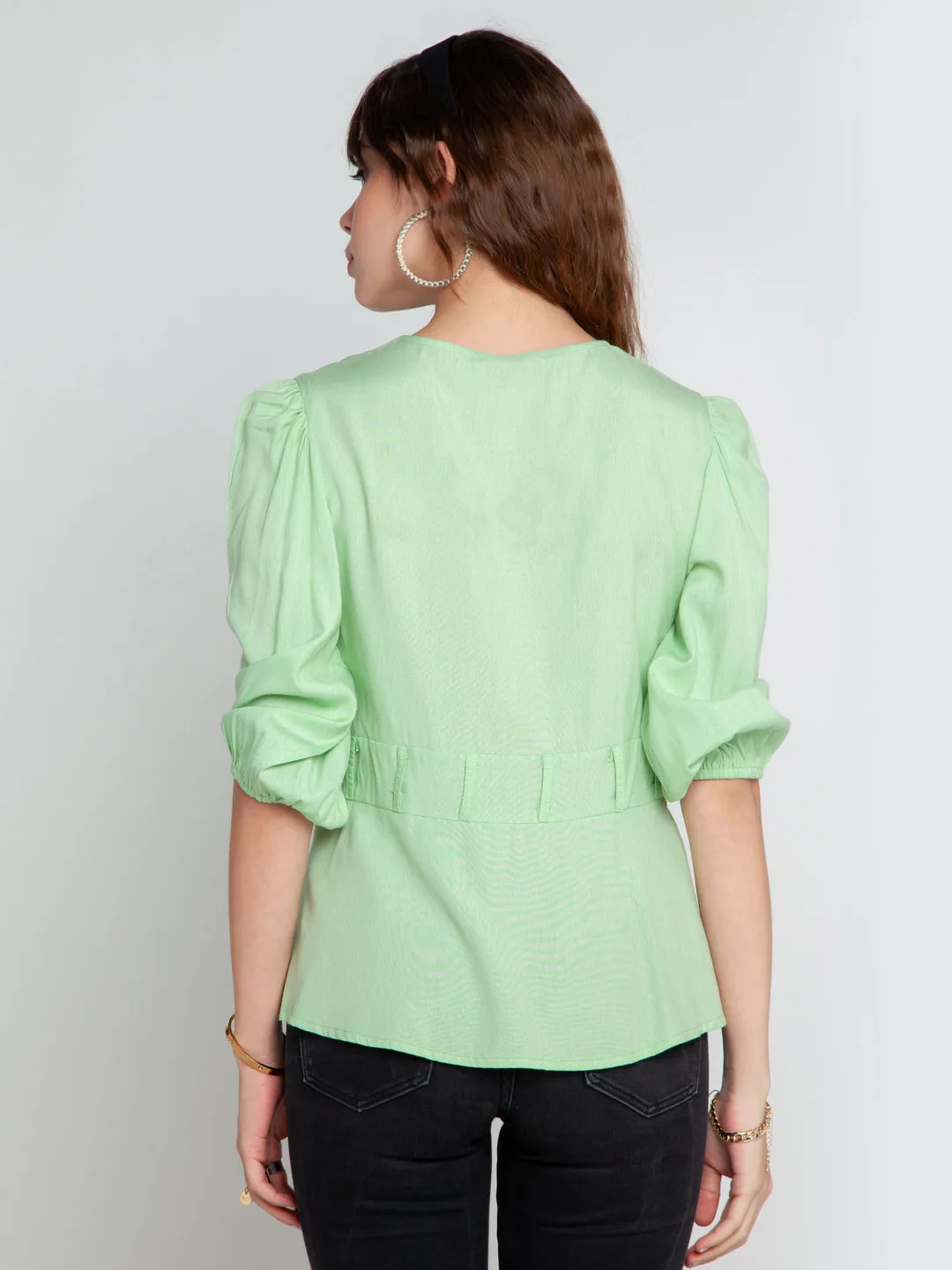 Green Solid Pleated Top