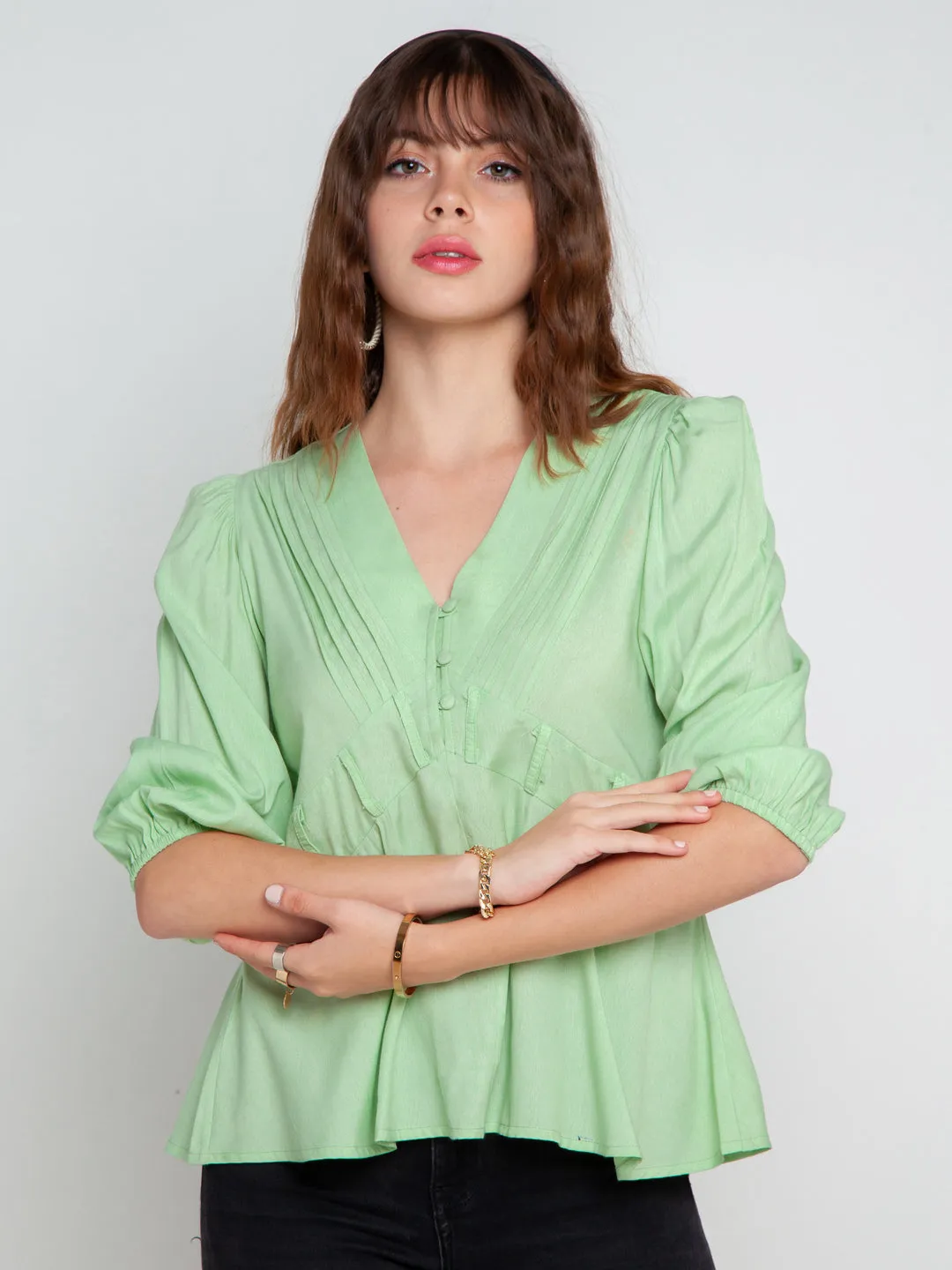 Green Solid Pleated Top