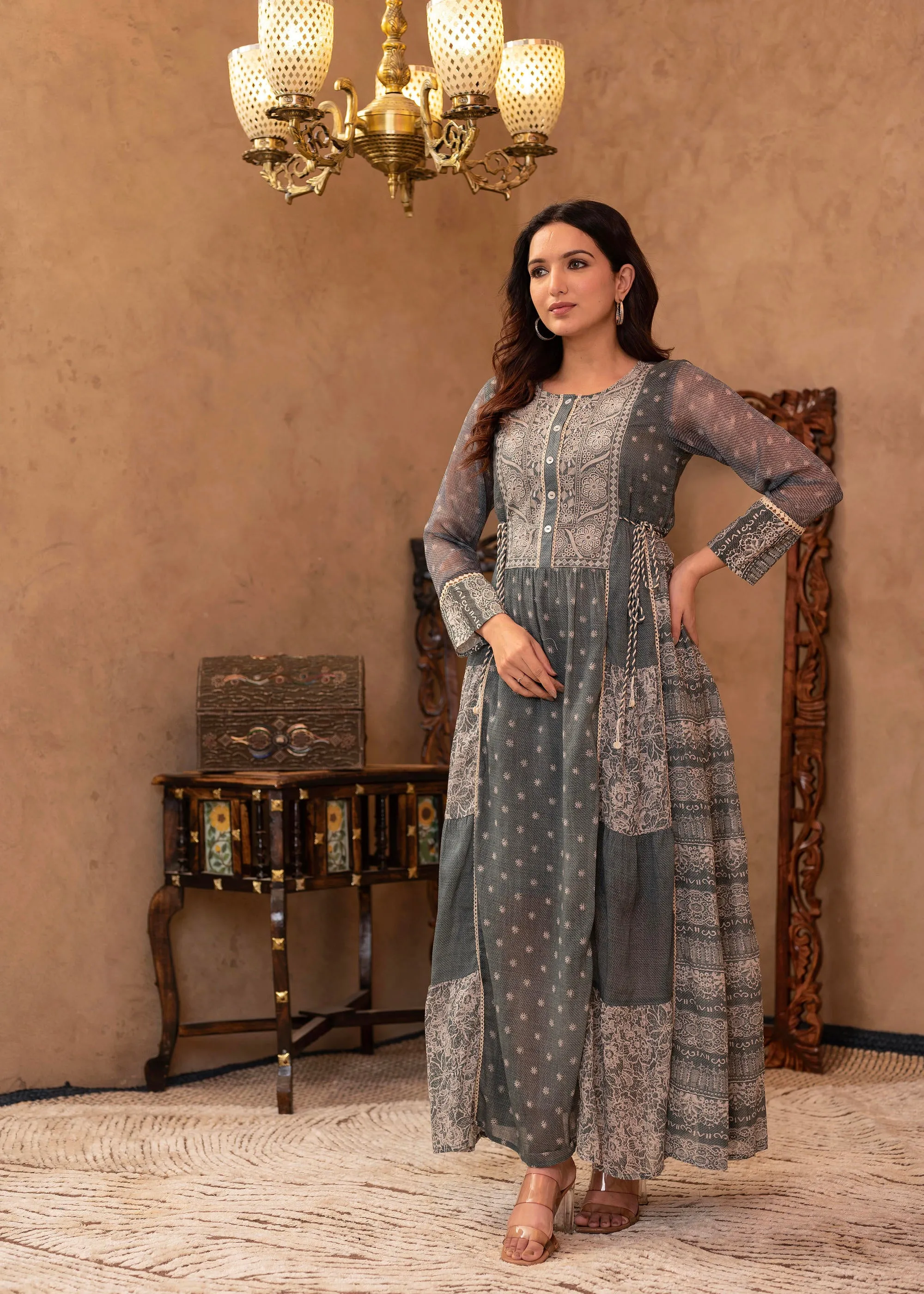 Grey Floral Embroidered Cotton Dress with Tassels & Denim Look
