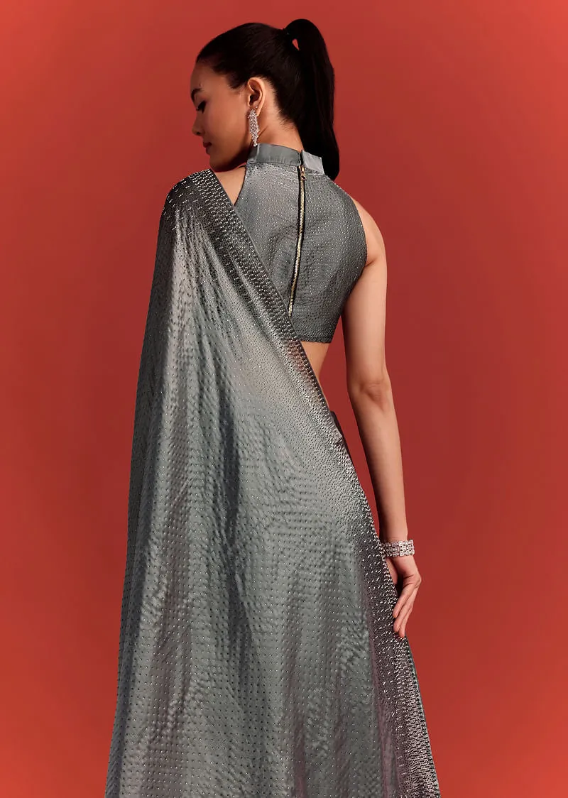 Grey Satin Saree With Stone And Diamond Work