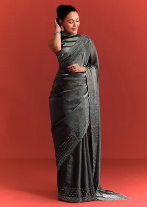 Grey Satin Saree With Stone And Diamond Work