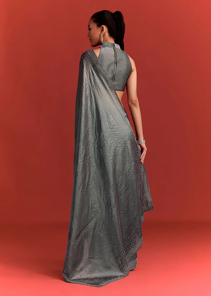 Grey Satin Saree With Stone And Diamond Work
