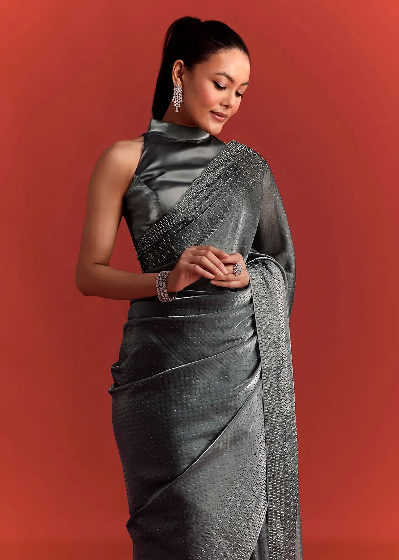 Grey Satin Saree With Stone And Diamond Work
