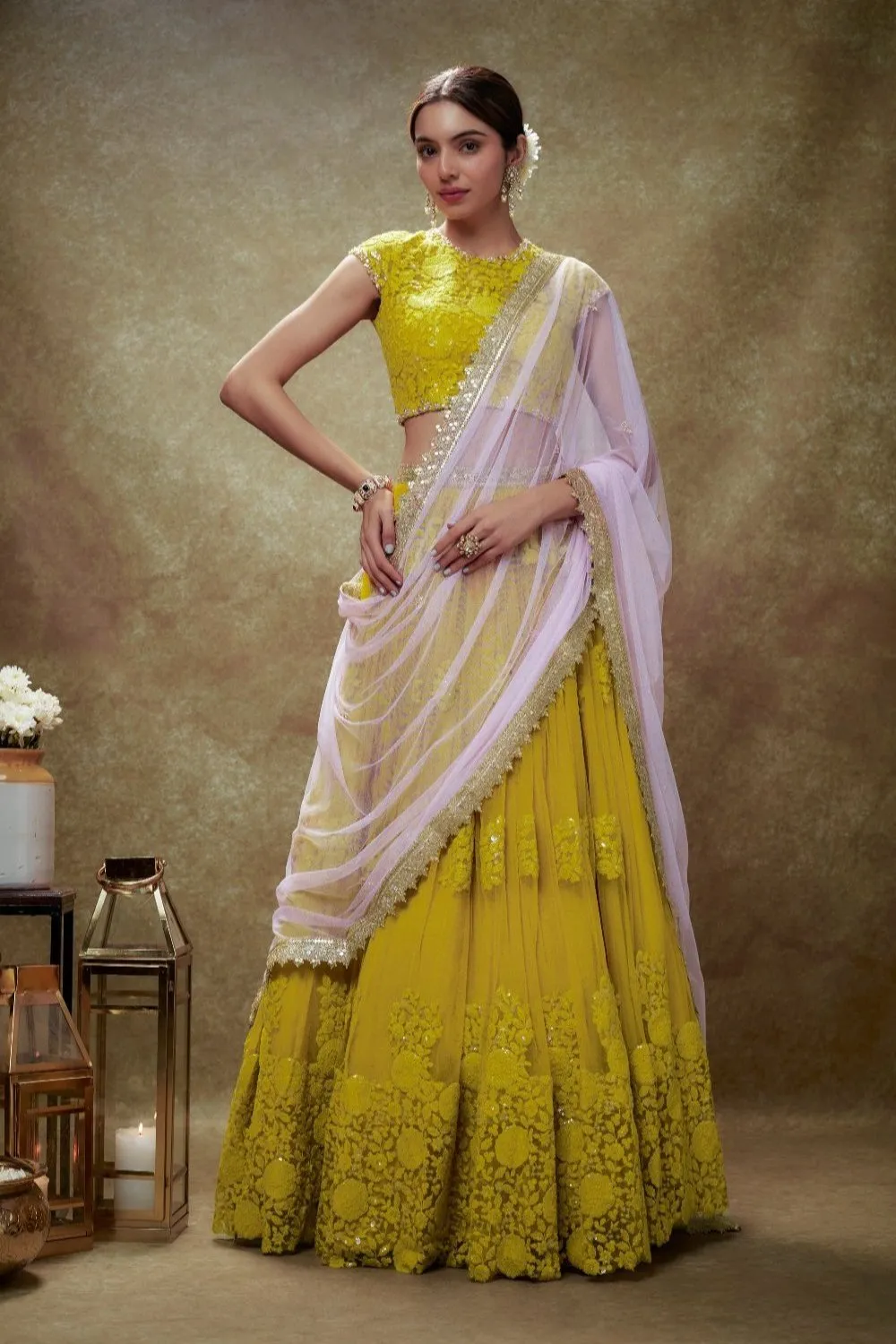 Haldi Floral Thread Work Lehenga Set