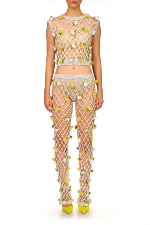Hand Crochet Pants With White And Yellow Flowers