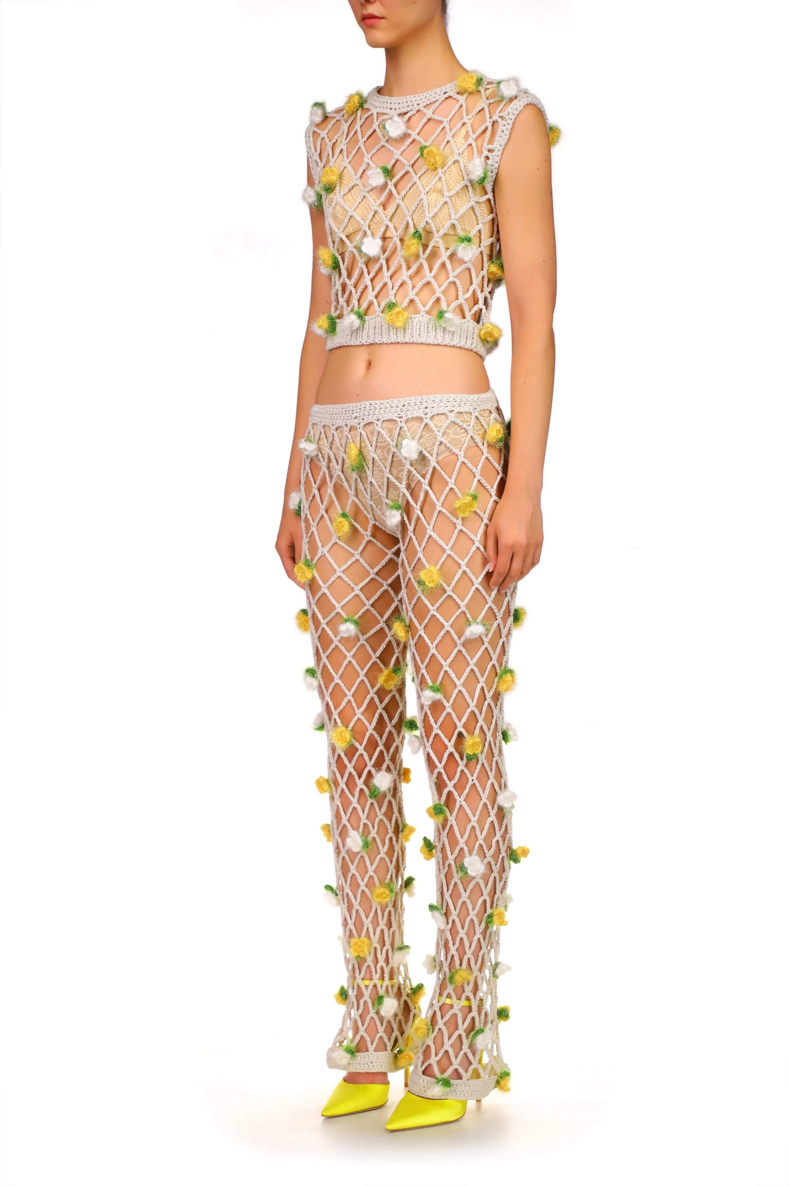 Hand Crochet Pants With White And Yellow Flowers