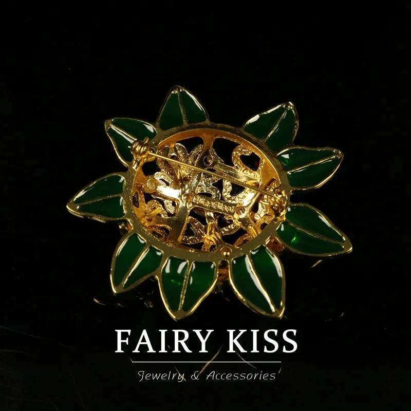 Handcrafted Enamel Flower Brooch with Glass Inlay - Courtly Style