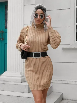 High Collar Wool Mini Dress with Ribbed Knit and Belt