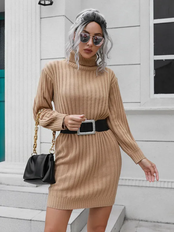 High Collar Wool Mini Dress with Ribbed Knit and Belt