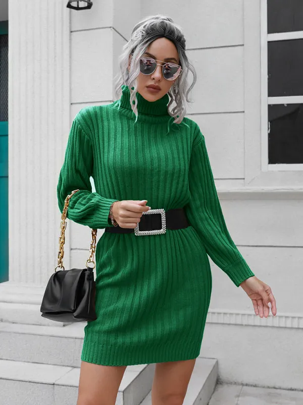 High Collar Wool Mini Dress with Ribbed Knit and Belt