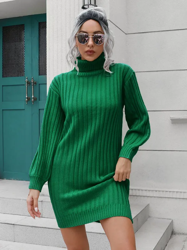 High Collar Wool Mini Dress with Ribbed Knit and Belt