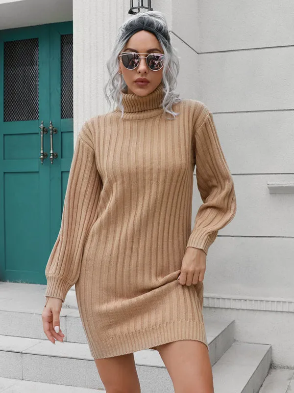 High Collar Wool Mini Dress with Ribbed Knit and Belt