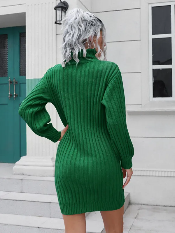 High Collar Wool Mini Dress with Ribbed Knit and Belt