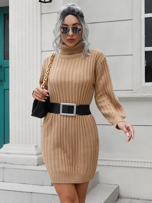 High Collar Wool Mini Dress with Ribbed Knit and Belt