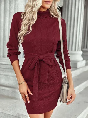 High Neck Mini Dress with Lace-Up Waist and Geometric Pattern