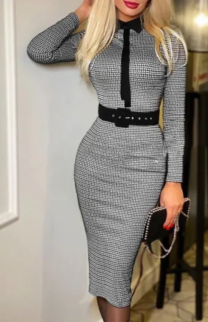 Houndstooth Print Bodycon Midi Dress with Belted Waist
