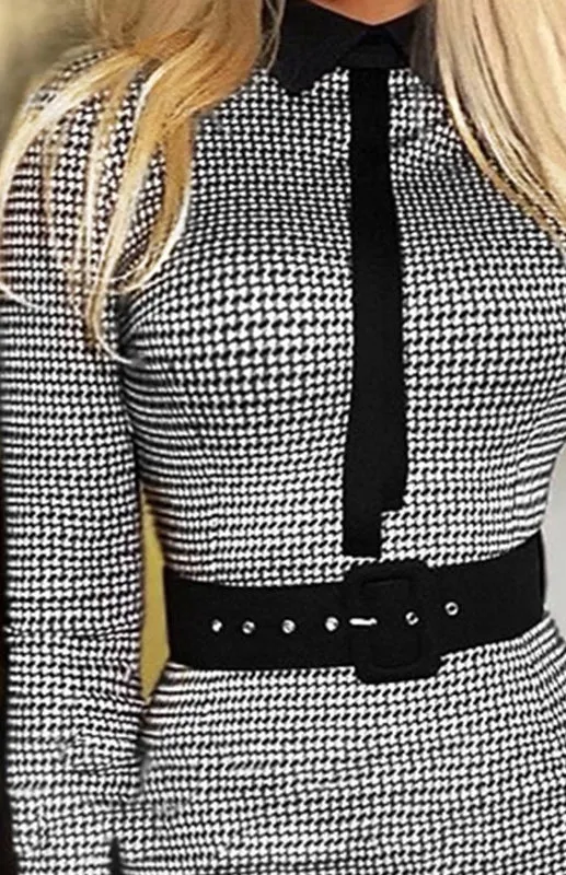 Houndstooth Print Bodycon Midi Dress with Belted Waist