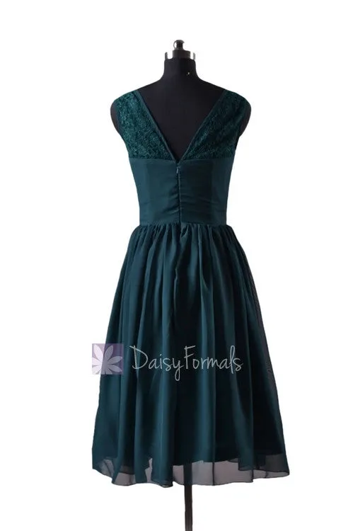 In stock,Ready to Ship -Plus Size Short Chiffon Bridal Party Dress Lace Formal Dress (BM2529) - (Rich Peacock)