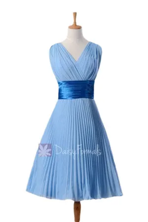 In stock,Ready to Ship - Vintage Short Chiffon Dress V-Neck Blue Formal Dress(BM3171) - (#38 Cornflower)