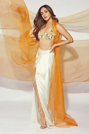 Ivory Slit Lehenga With Nude Embroidered Crop Top And Nude Cape