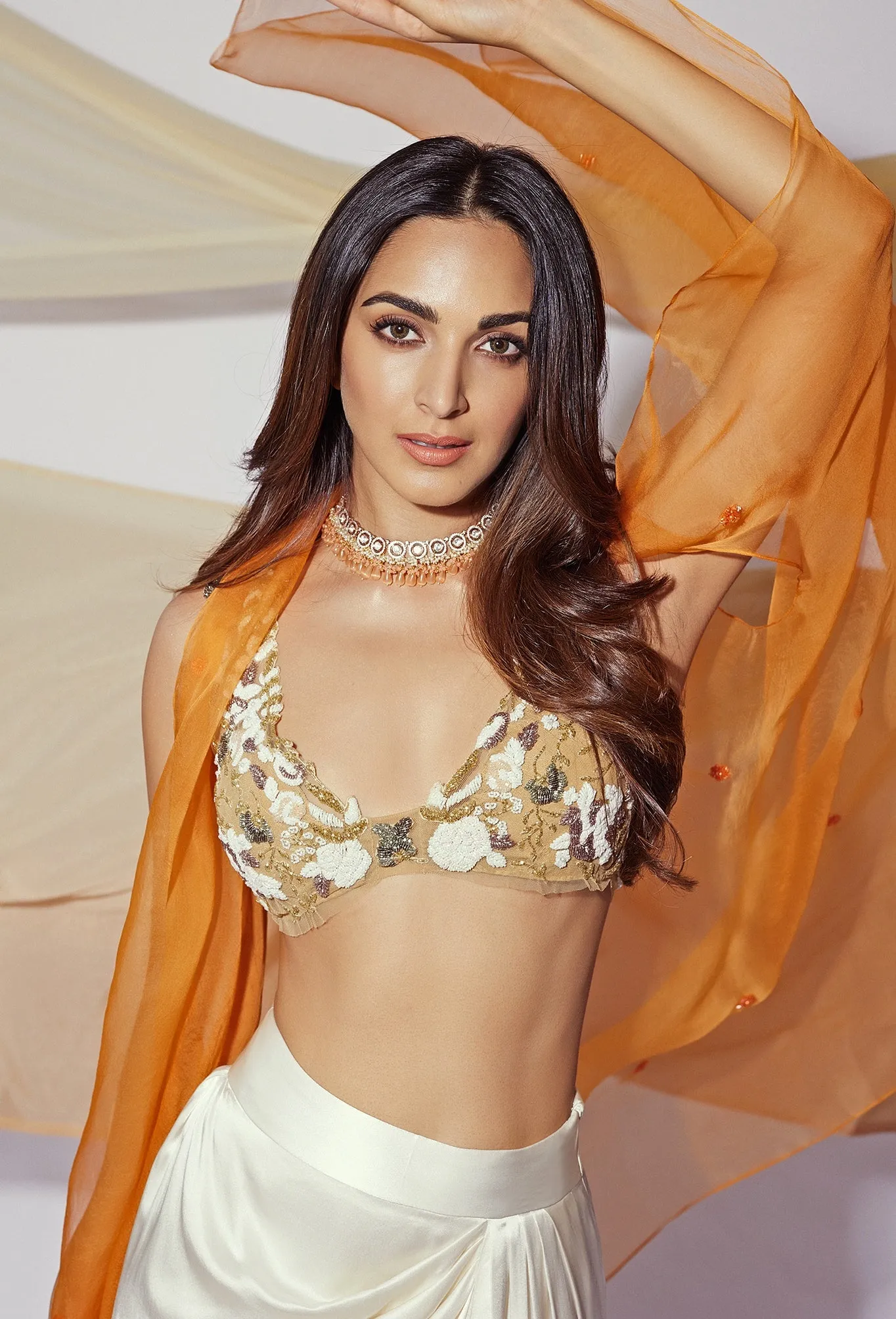 Ivory Slit Lehenga With Nude Embroidered Crop Top And Nude Cape