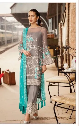 Iznik Designer Dress In Gray And Turquoise Color Model# C 1802
