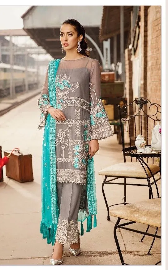 Iznik Designer Dress In Gray And Turquoise Color Model# C 1802