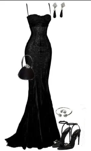 JazzHer Elegant Mermaid Spaghetti Straps Lace Black Long Prom Dresses Formal Dress (PRE-ORDER)