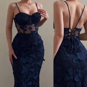 JazzHer Elegant Mermaid Spaghetti Straps Lace Navy Blue Long Prom Dresses Formal Dress (PRE-ORDER)