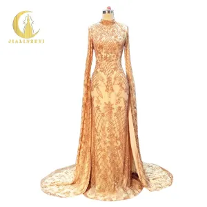 JIALINZEYI Real Image Sample Luxurious Full Hand Work Beads High Neck Long Trian Mermaid Party Prom dresses evening dress 2020