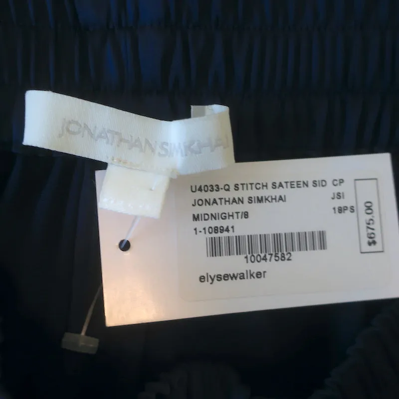 Jonathan Simkhai Side-Slit Track Pants Navy Stretch Sateen Size 8 NEW