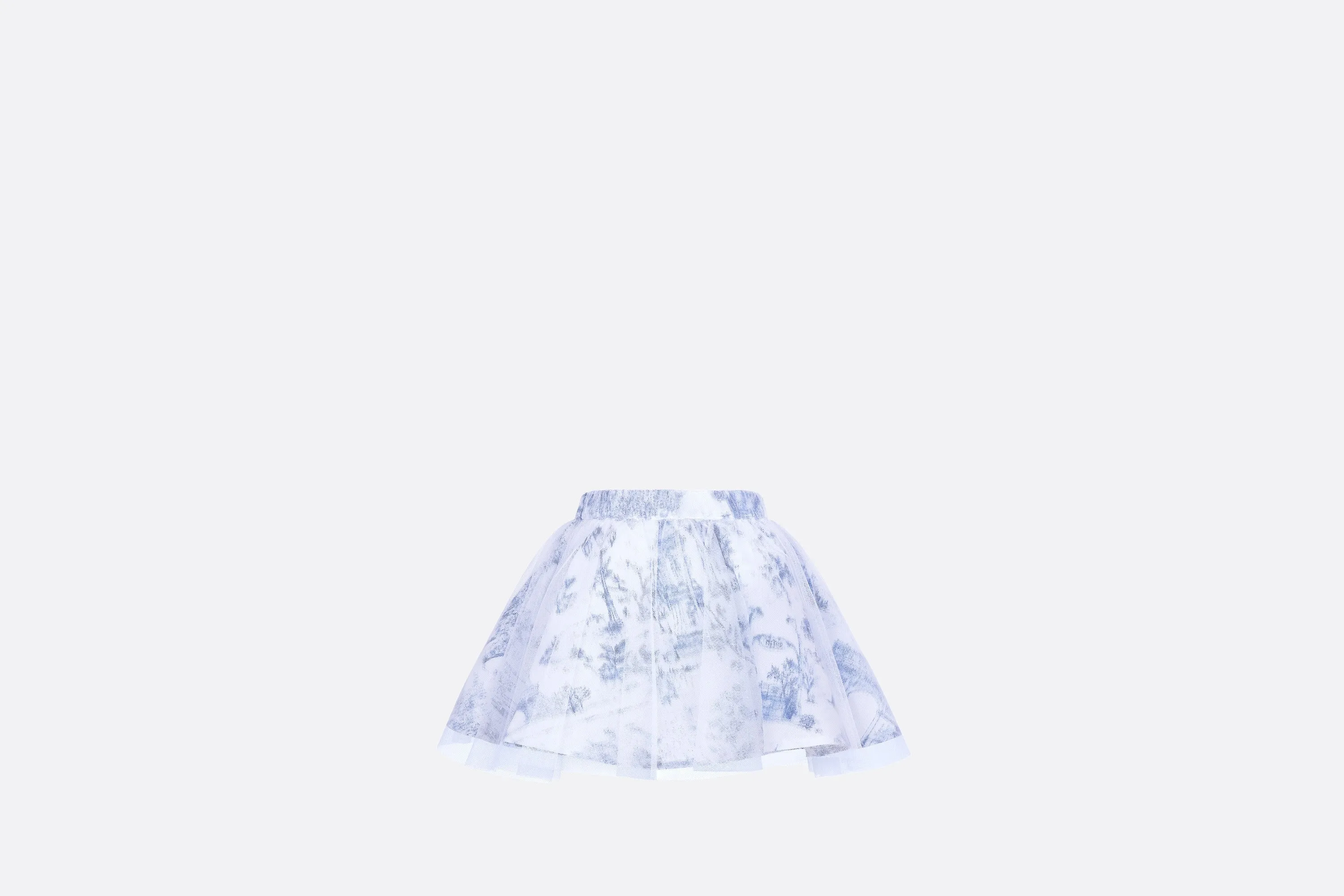 Kid's Short Flared Skirt • Ivory Technical Fabric with Blue Toile de Jouy Paris Print and Ivory Tulle