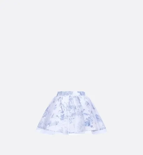 Kid's Short Flared Skirt • Ivory Technical Fabric with Blue Toile de Jouy Paris Print and Ivory Tulle