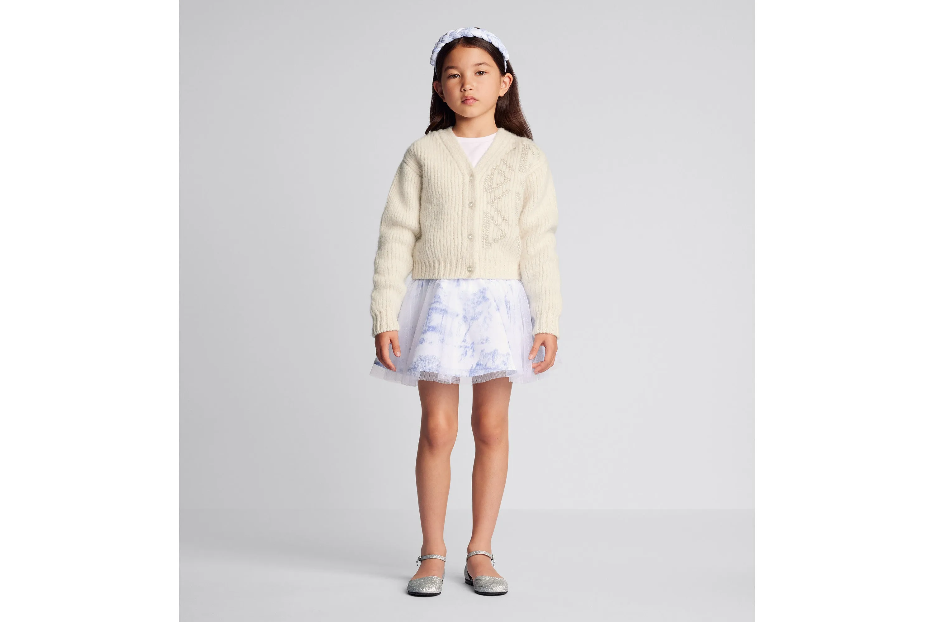 Kid's Short Flared Skirt • Ivory Technical Fabric with Blue Toile de Jouy Paris Print and Ivory Tulle