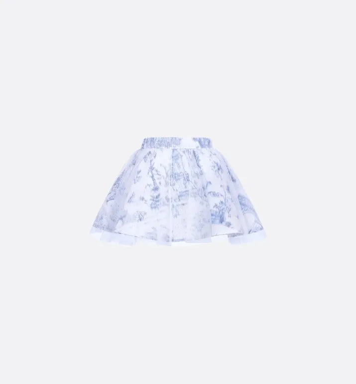 Kid's Short Flared Skirt • Ivory Technical Fabric with Blue Toile de Jouy Paris Print and Ivory Tulle