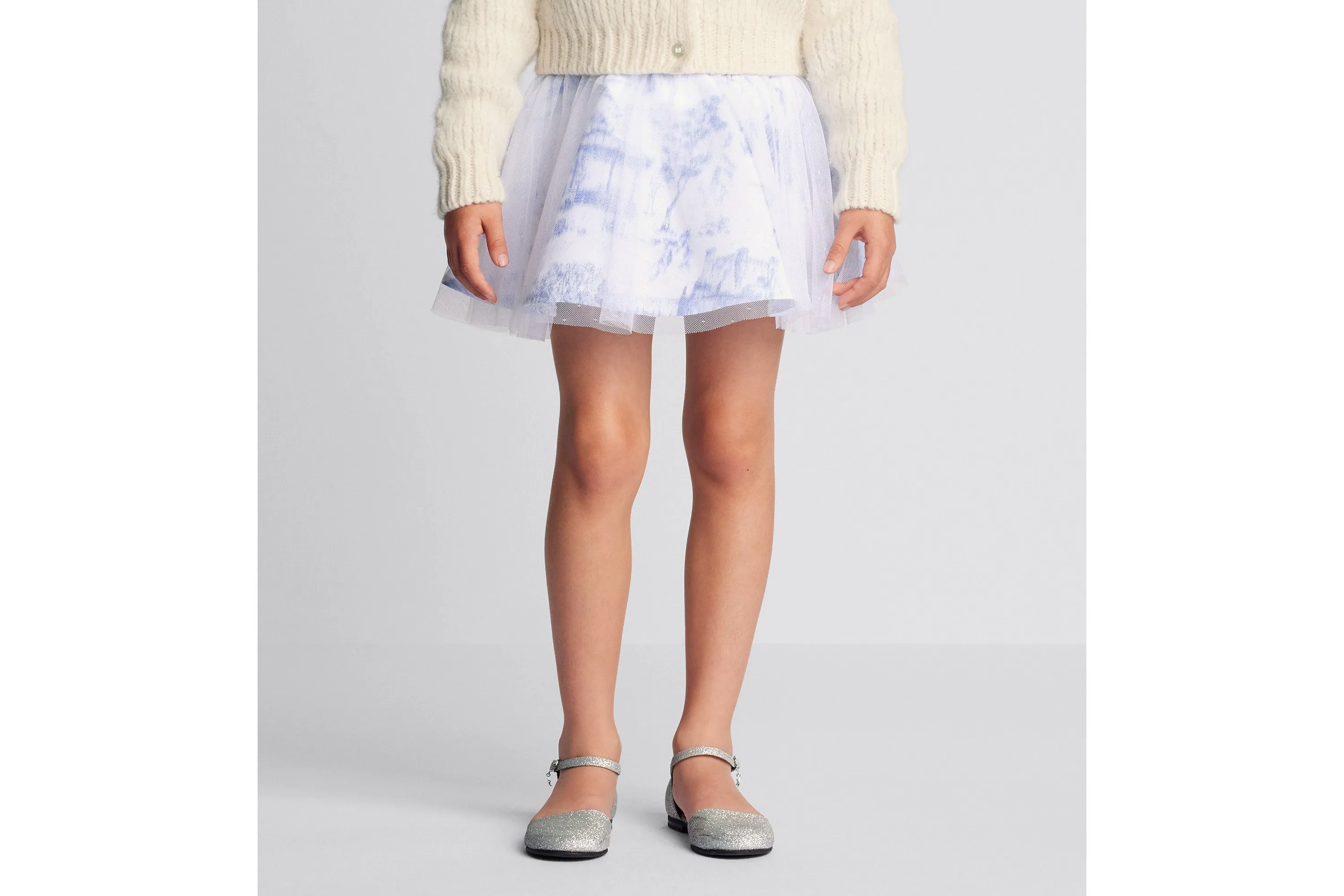 Kid's Short Flared Skirt • Ivory Technical Fabric with Blue Toile de Jouy Paris Print and Ivory Tulle