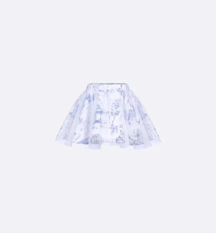 Kid's Short Flared Skirt • Ivory Technical Fabric with Blue Toile de Jouy Paris Print and Ivory Tulle