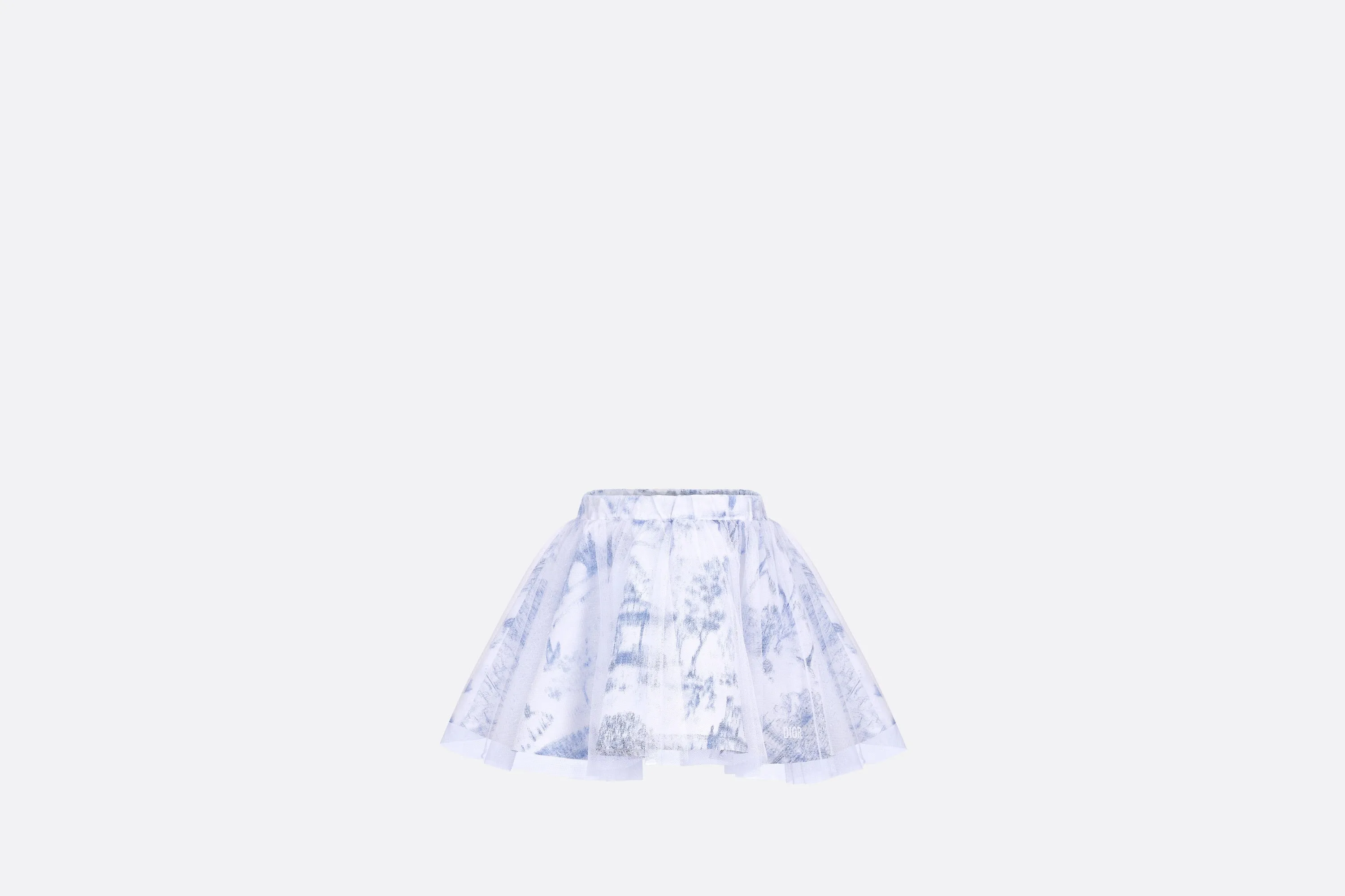 Kid's Short Flared Skirt • Ivory Technical Fabric with Blue Toile de Jouy Paris Print and Ivory Tulle