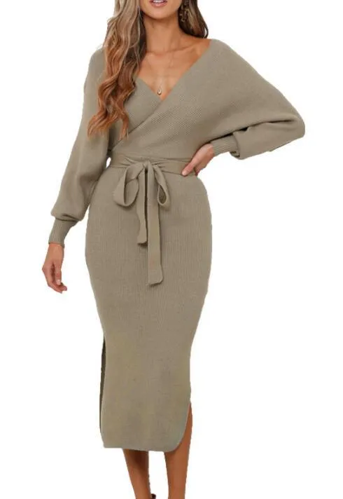 Knitted V-Neck Midi Dress with Belted Waist and Side Slit