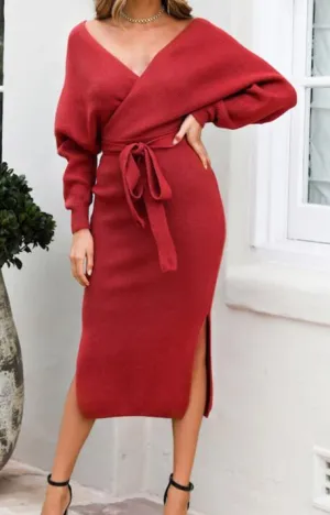 Knitted V-Neck Midi Dress with Belted Waist and Side Slit