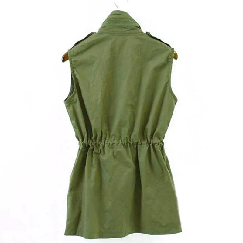 Korean Punk Women Army Green Military Multi-pocket Parka Long Drawstring Elastic Jacket NW
