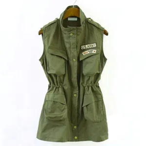 Korean Punk Women Army Green Military Multi-pocket Parka Long Drawstring Elastic Jacket NW