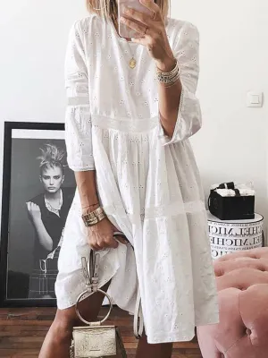 Lace Stitching Knee-Length Dress with Hollow Embroidery