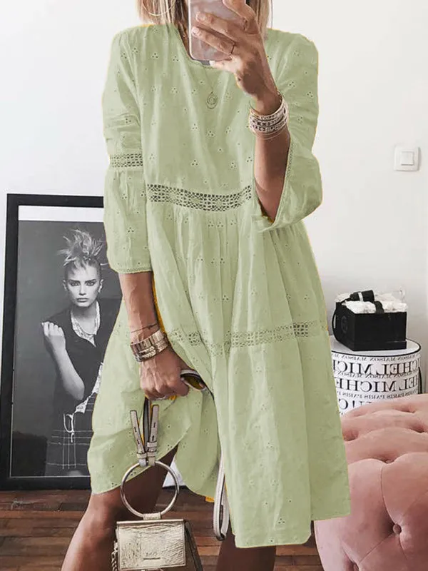 Lace Stitching Knee-Length Dress with Hollow Embroidery