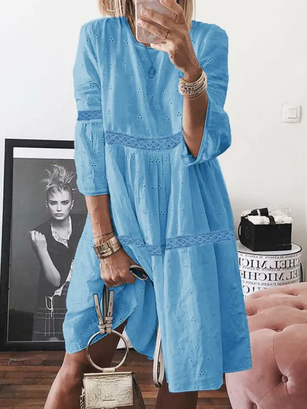 Lace Stitching Knee-Length Dress with Hollow Embroidery