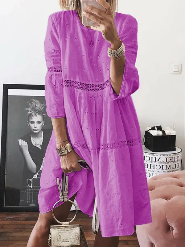 Lace Stitching Knee-Length Dress with Hollow Embroidery