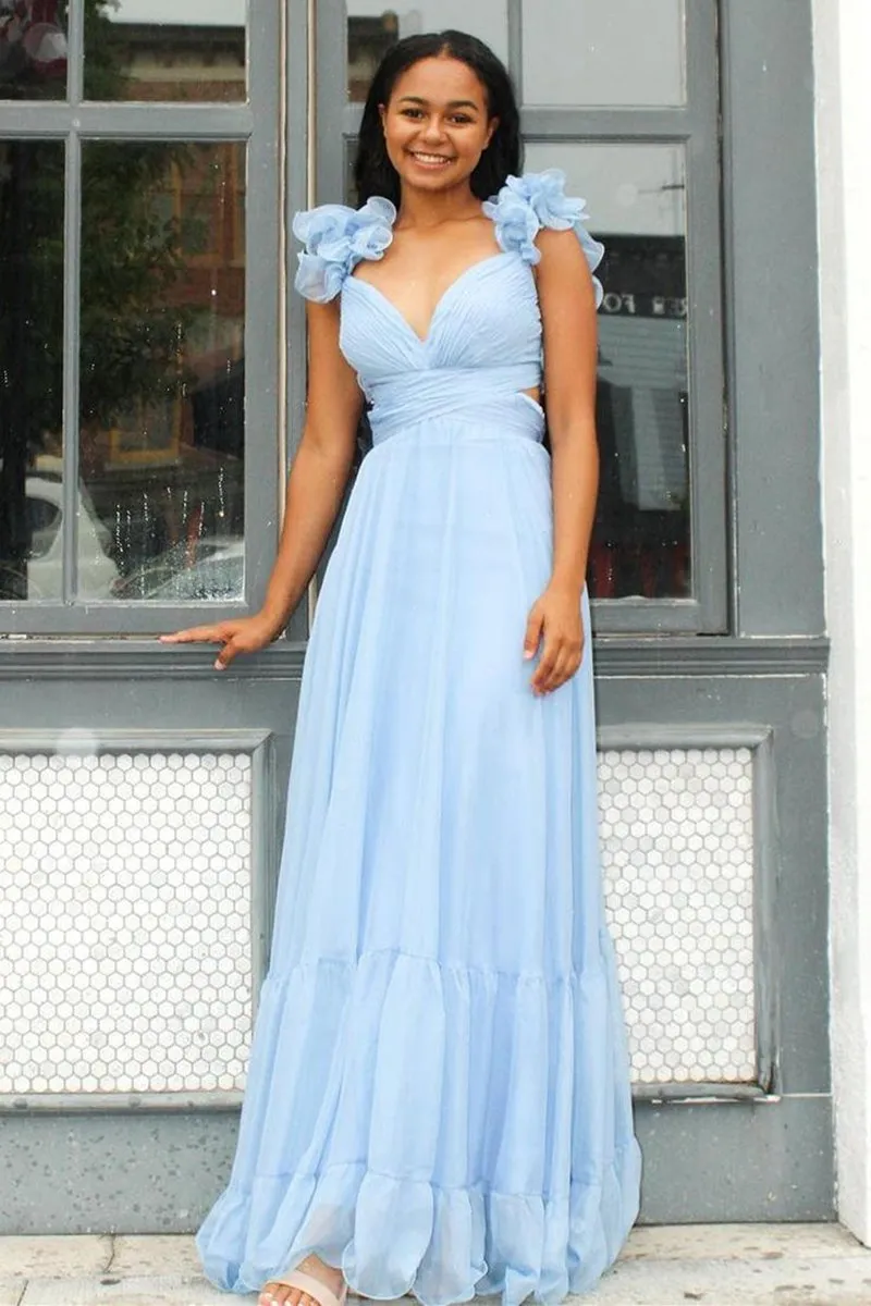 Lace-Up V-Neck Ruffle Pleated Long Prom Dresses